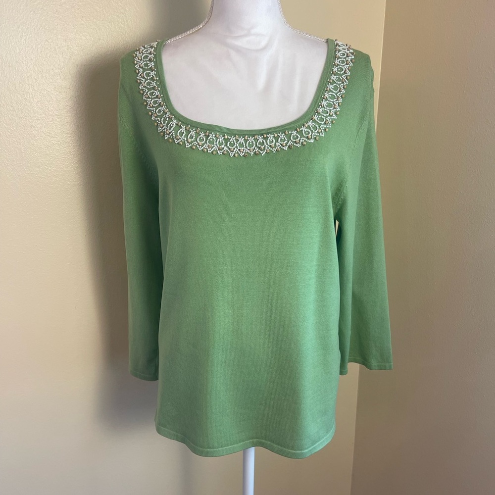 Silk Blend Beaded Knit Sweater XL Mint Green 3/4 Sleeve Quiet Luxury Coastal Top - Picture 2 of 11